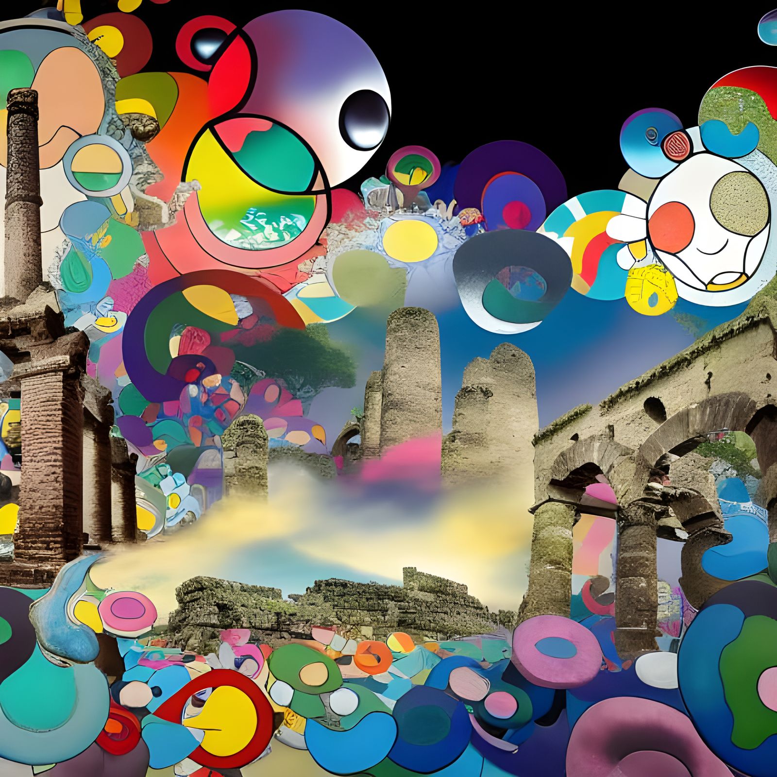 Kaleidoscopic Ancient Ruins with Magical Bridge