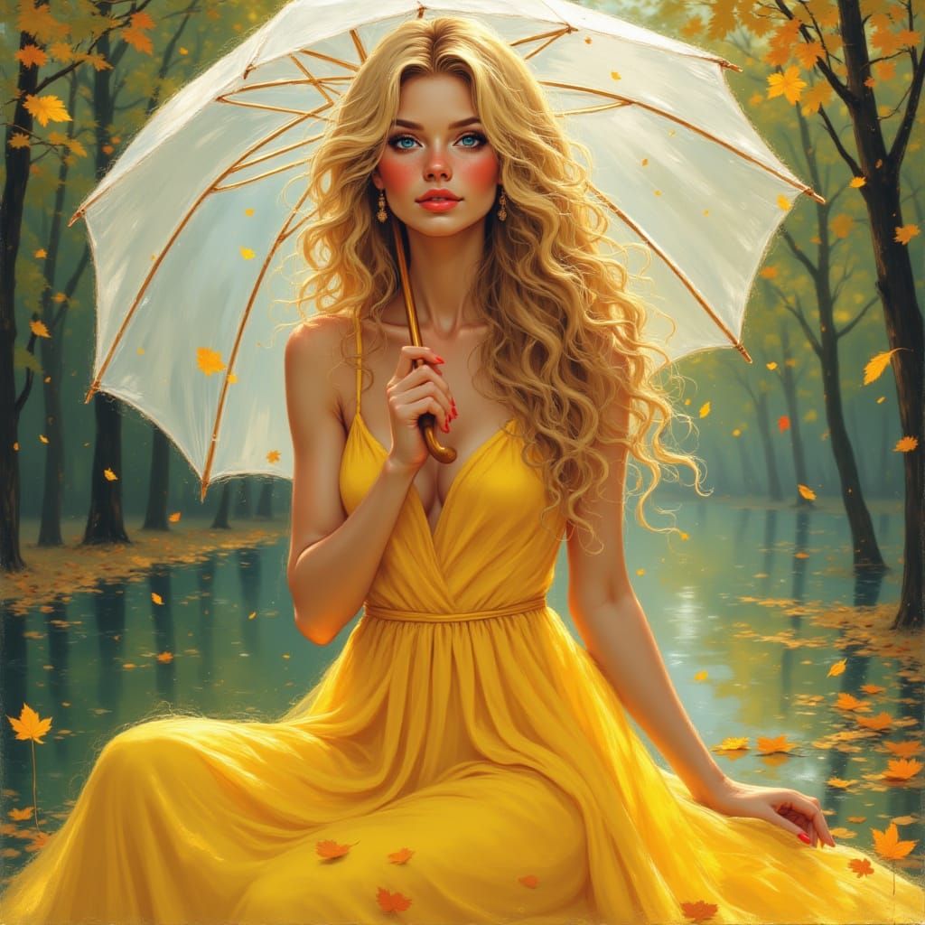 Woman in Yellow Dress with Umbrella on Rainy Autumn Day