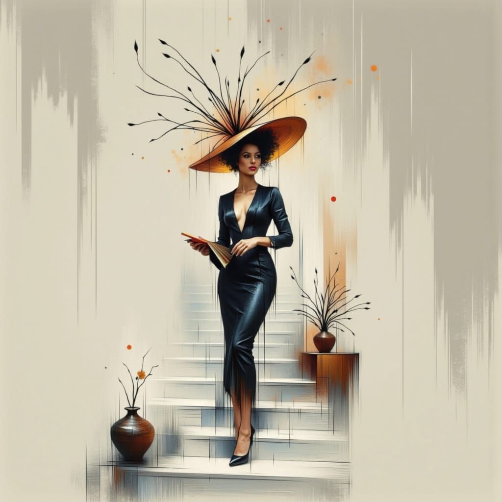 Lady in Elegant Hat on Spiral Staircase