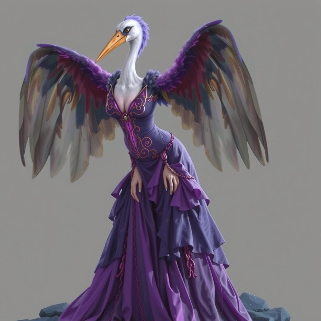 Stork-Headed Woman in Purple Dress: Fantasy Art