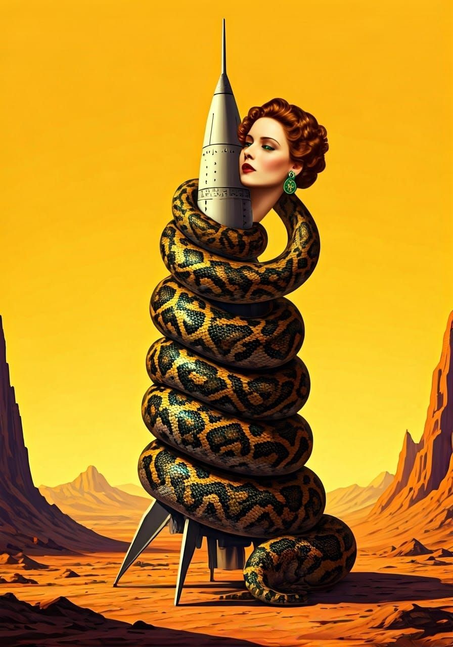 Vibrant Snake Goddess Wraps Around Vintage Space Rocket