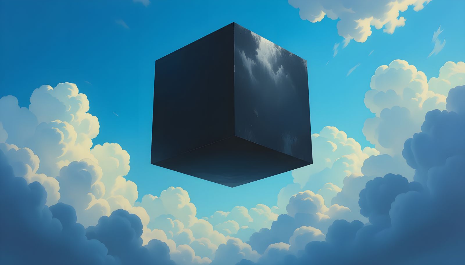 Giant Black Cube Descends from Blue Sky