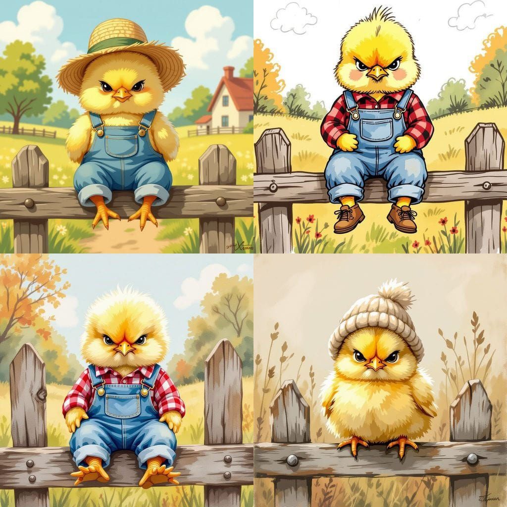 Grumpy Chick Perched on a Fence