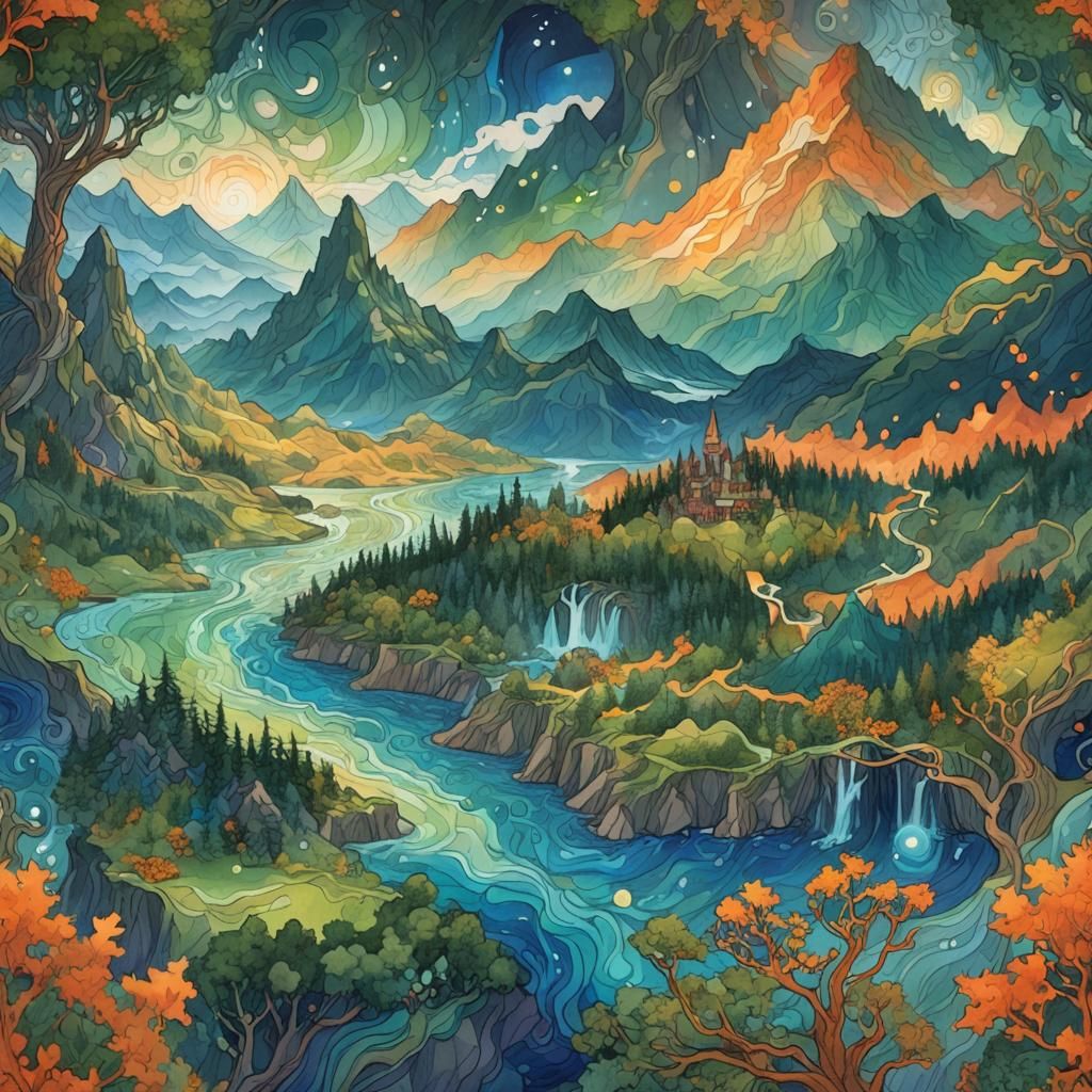 Mystical World Map with Ethereal Ley Lines