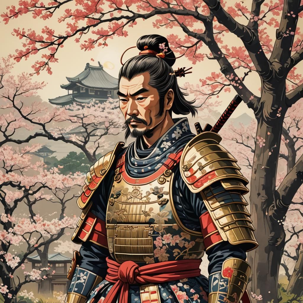 Samurai in Ukiyo-e Style Garden Portrait