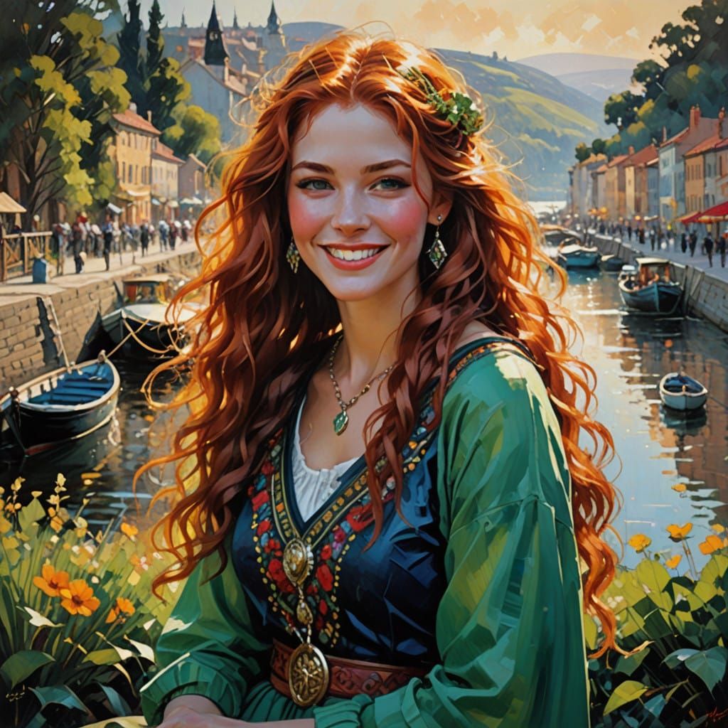 Ethereal Fauvist Portrait of a Joyful Red-Haired Girl in Nor...