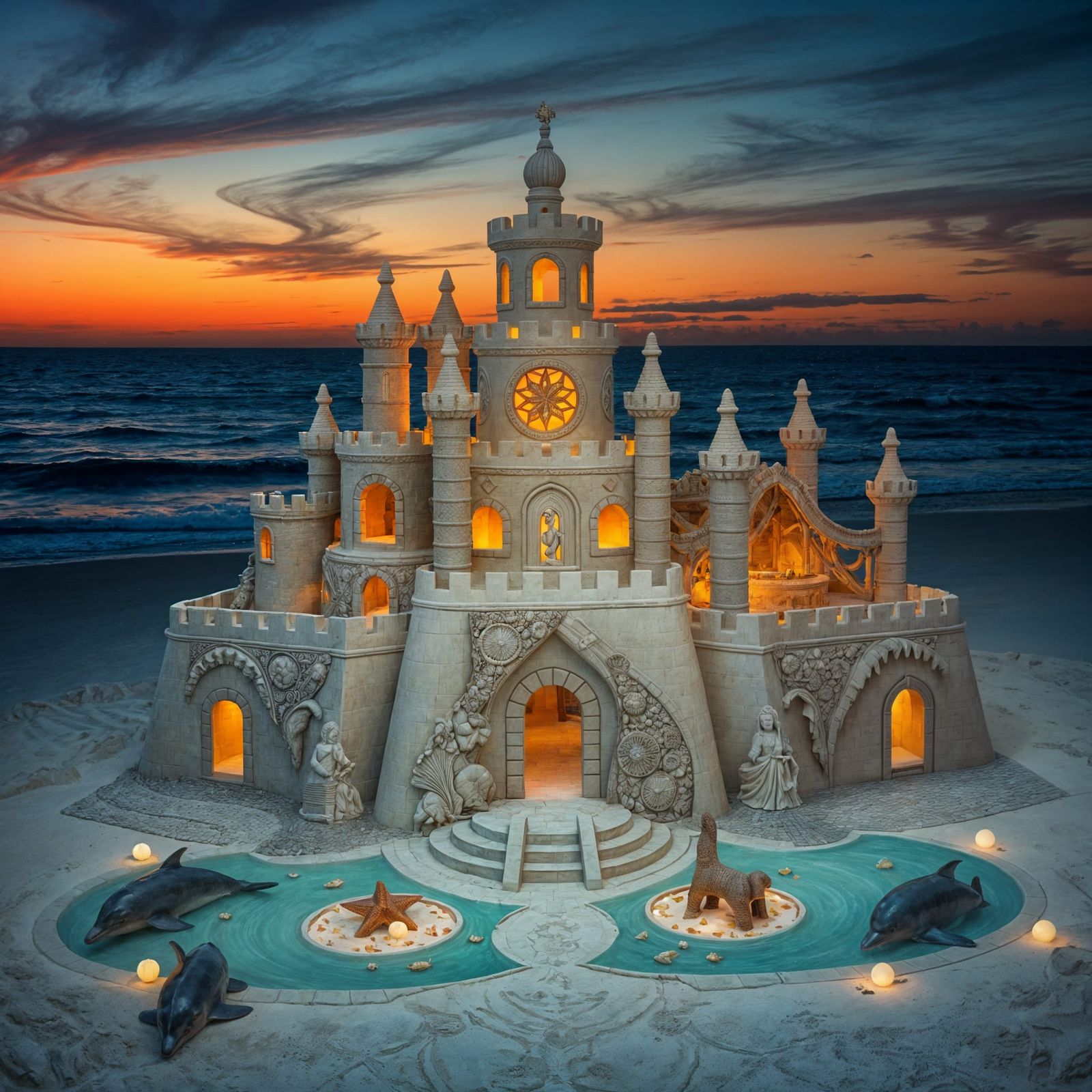 Elaborate Sandcastle with Dolphins at Sunset
