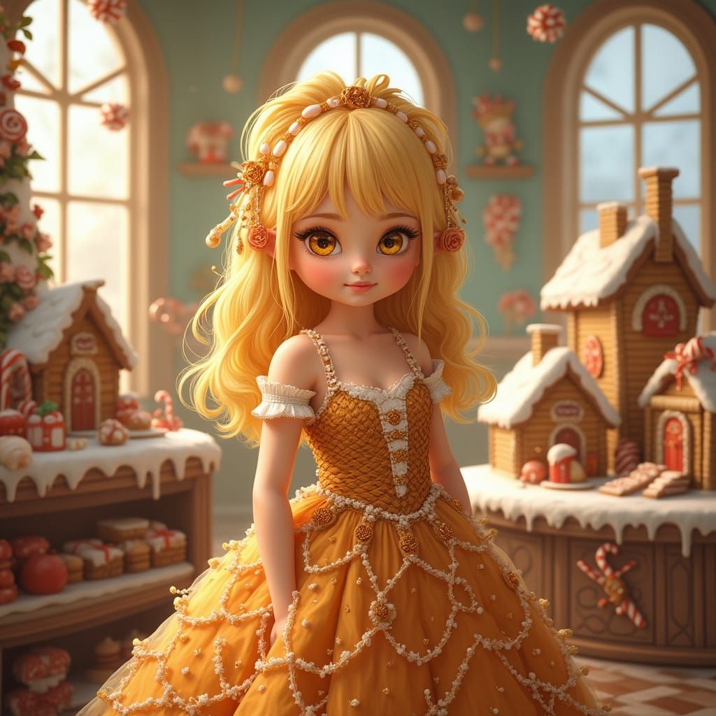 Girl in Whimsical Bakery with Gingerbread Houses