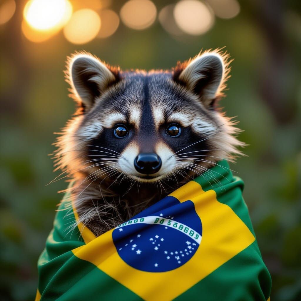 Raccoon Wrapped in Brazil Flag with Cinematic Lighting