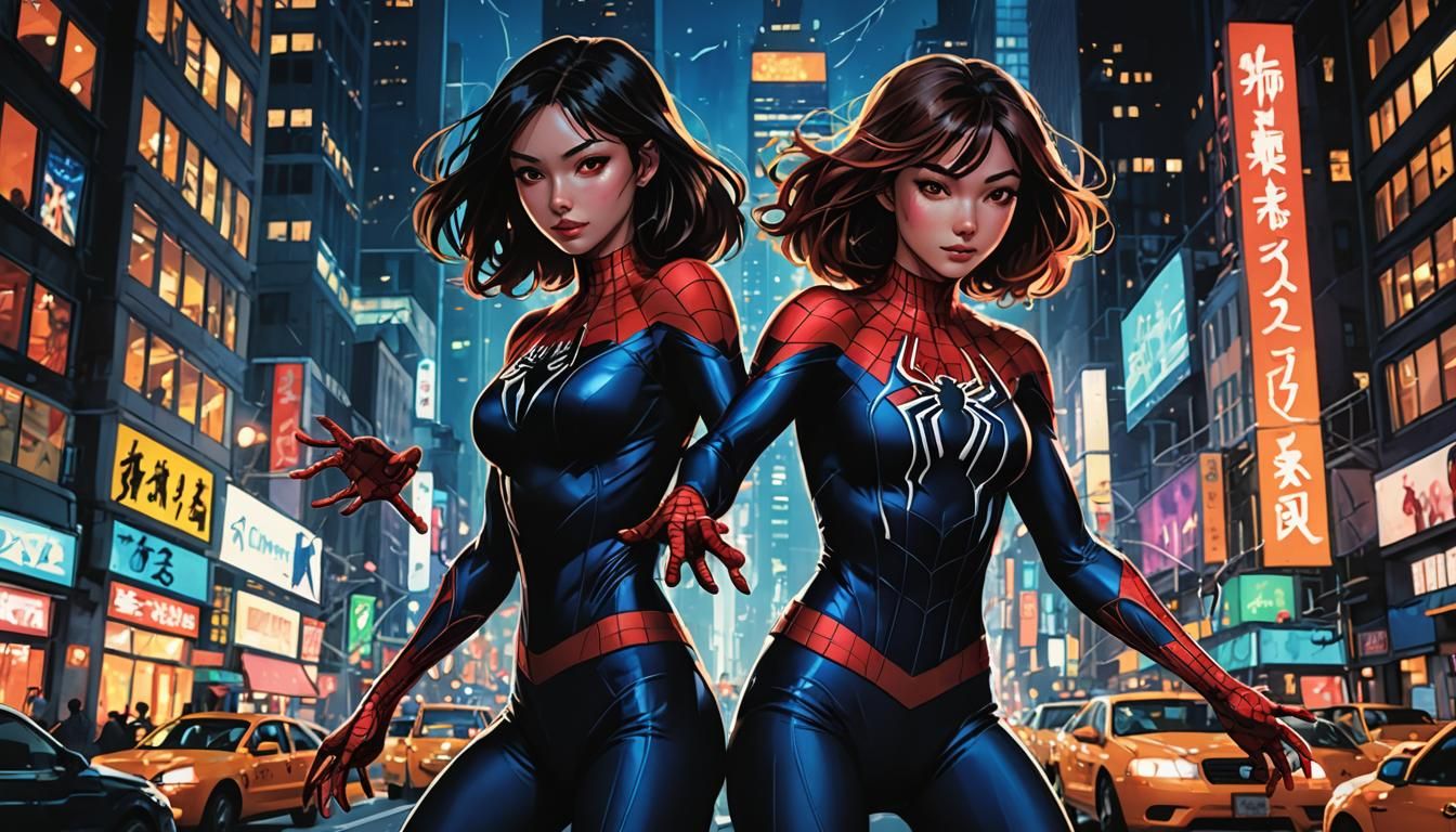 Dynamic Anime Illustration of Silk and Spider-Man