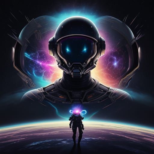 Astronaut Gazes into Cosmic Abyss Reflecting Nebula