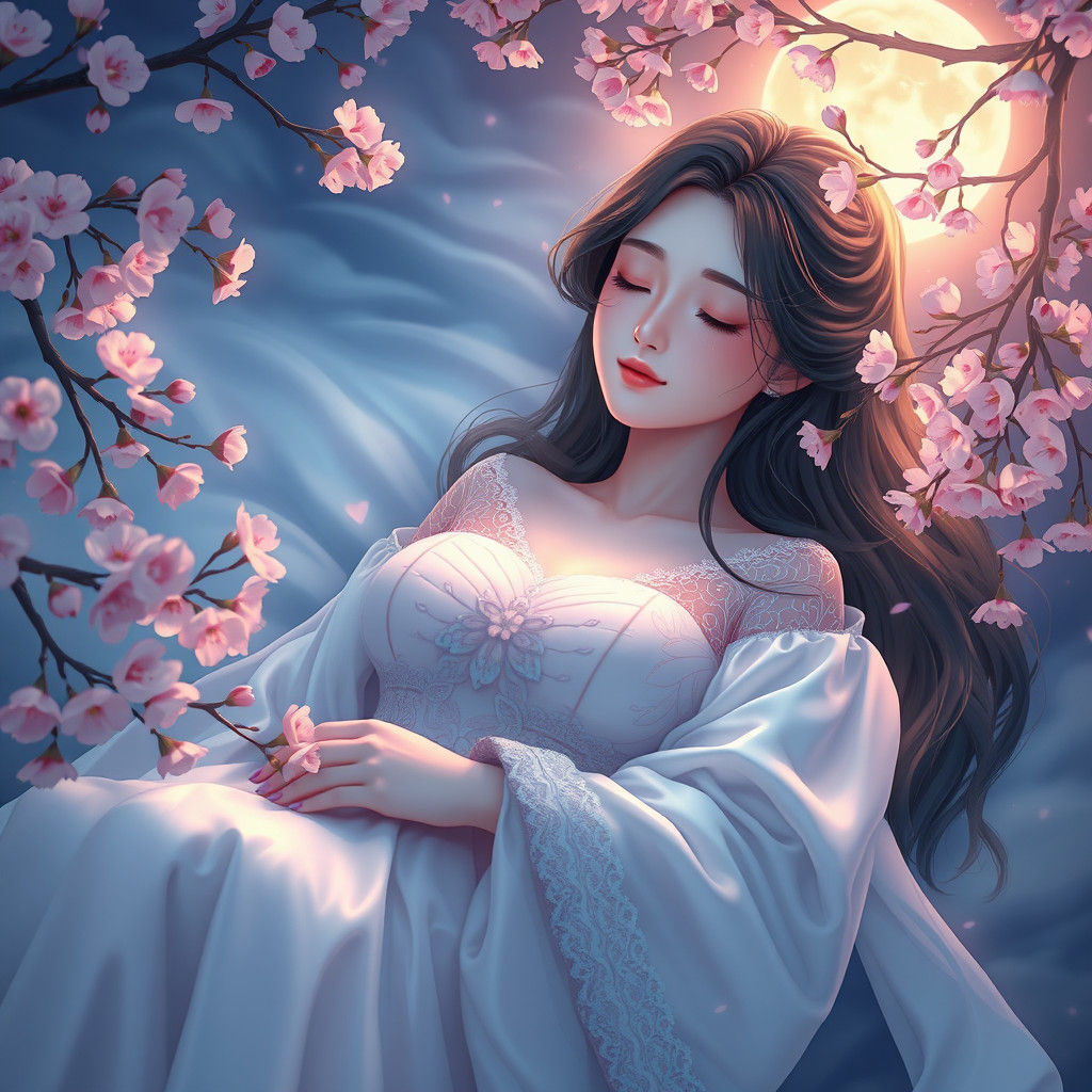 Sleeping Beauty with Cherry Blossoms in Anime Style