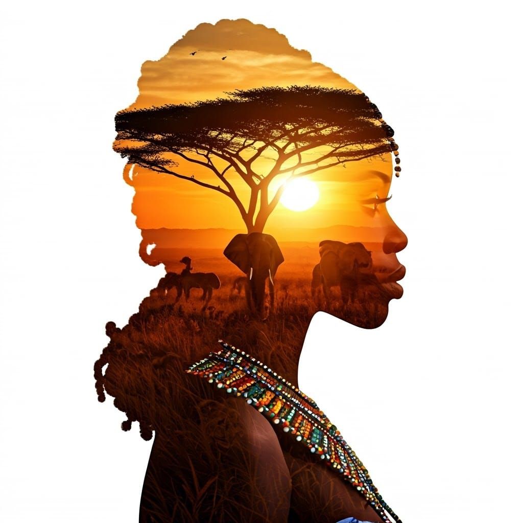 African Woman in Whimsical Savannah Sunset