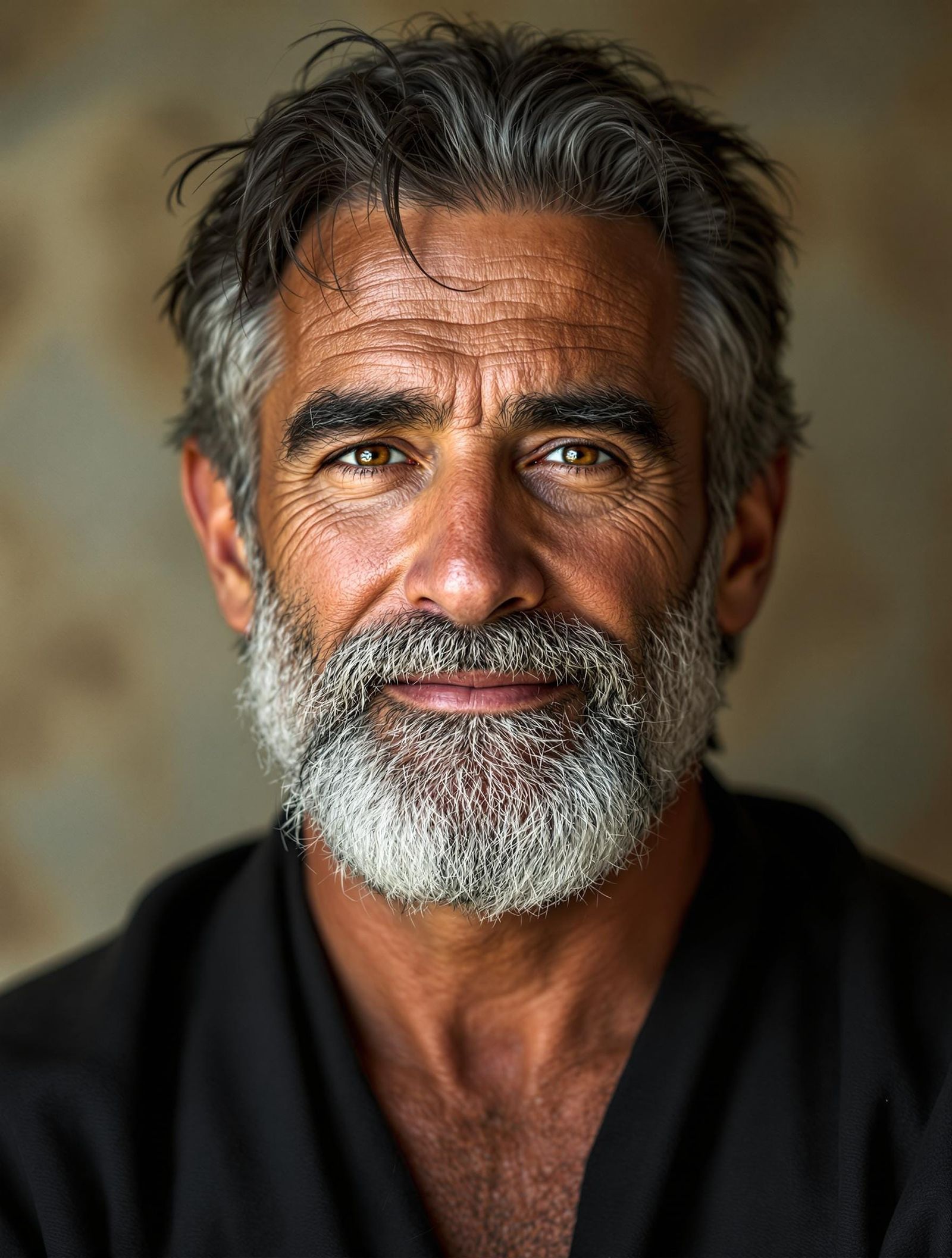 His gaze holds the weight of ages, etched in the fine lines around his kind, deep-set eyes. Silver threads through dark ...