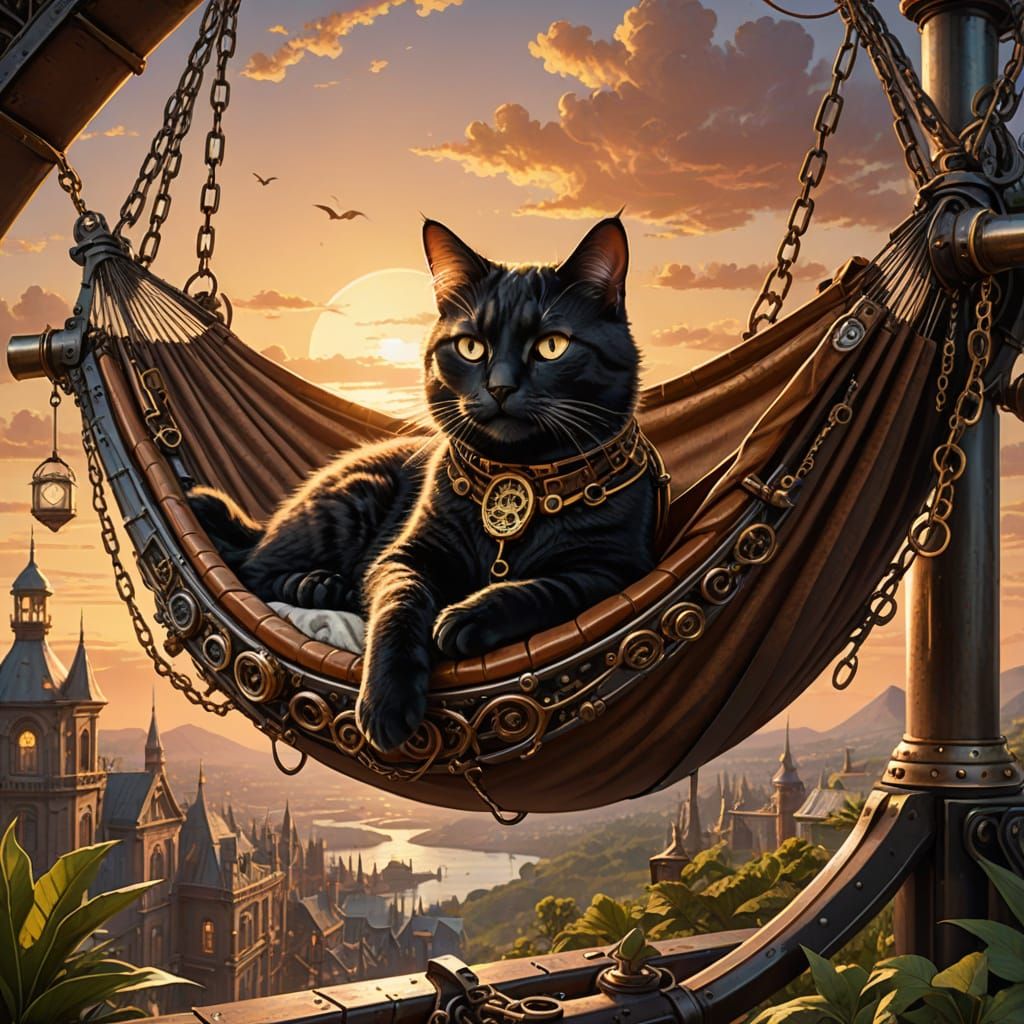 Whimsical Steampunk Cat Hammock at Sunset