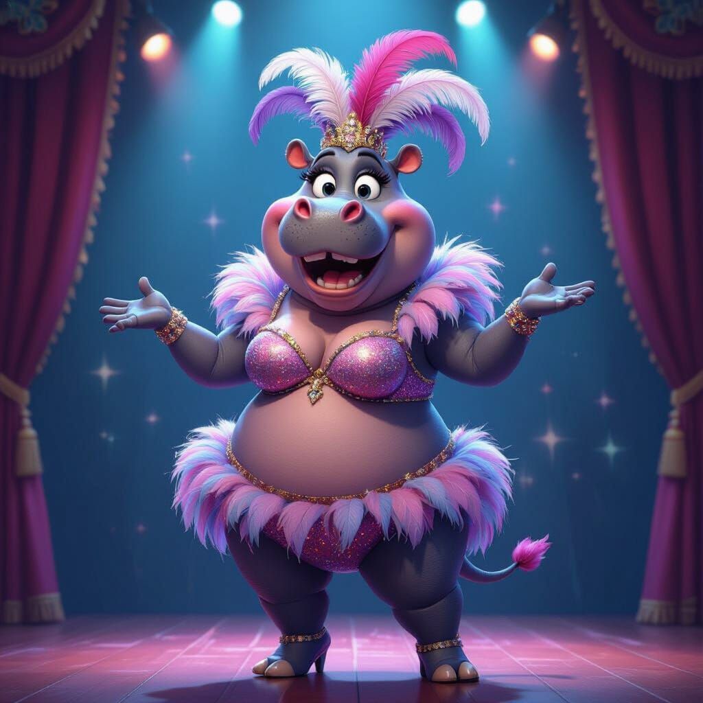 Hippo Showgirl on Broadway in Cartoon Style