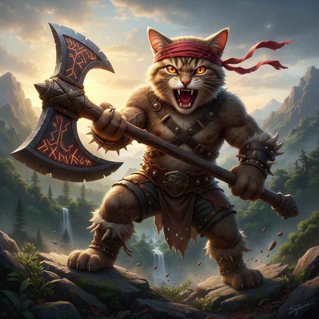 Enraged Kitten Barbarian Wields Glowing Axe