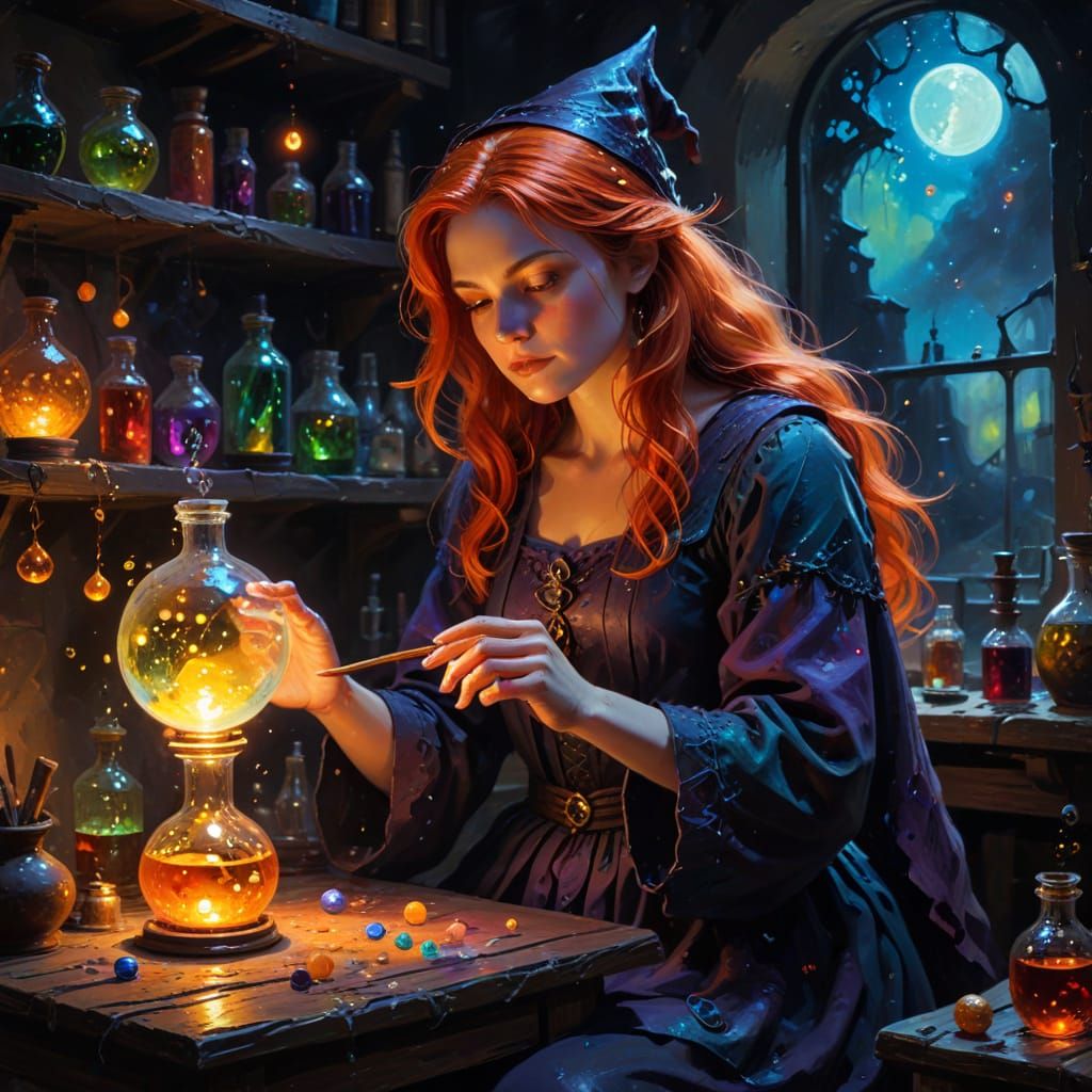 Witch Tending Luminous Potion in Impasto Oil Painting
