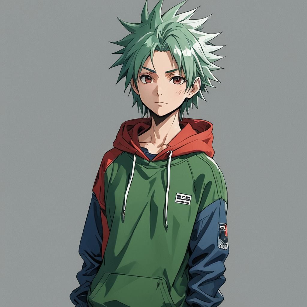 Anime Style Character with Spiky Green and Silver Hair