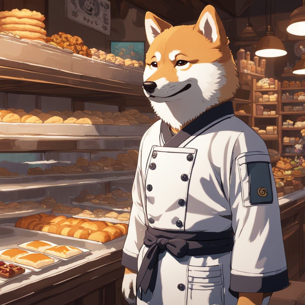 Shiba Inu Baker in Whimsical 3D Bakery Scene