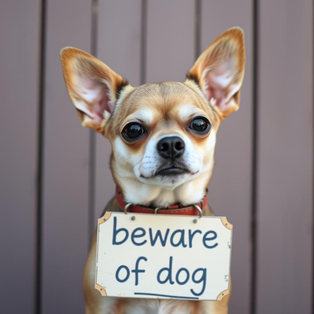 Chihuahua with 'Beware of Dog' Sign