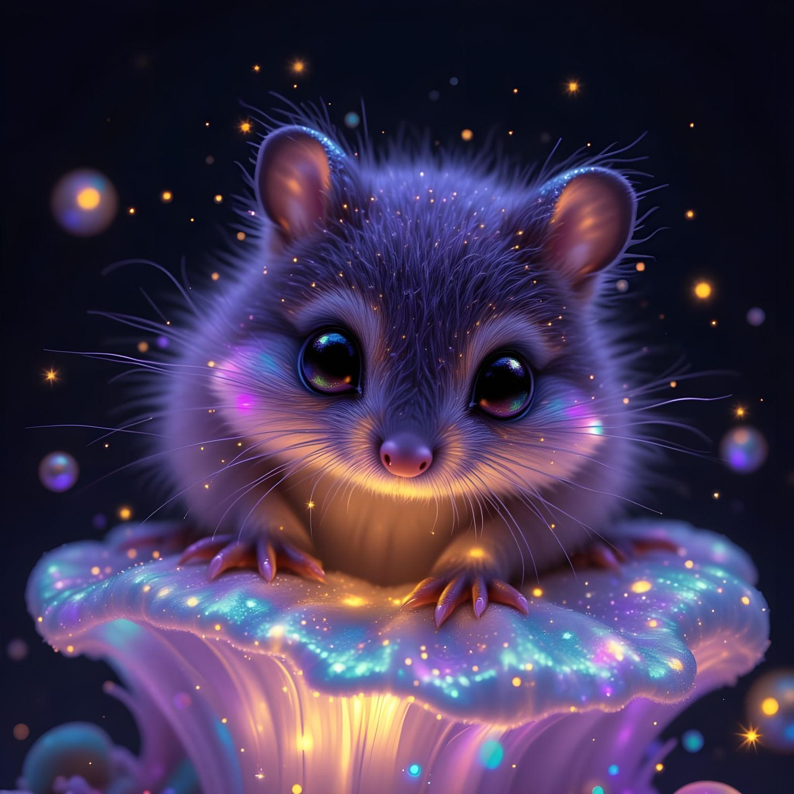 Adorable Fluffy Shrew on Mushroom with Holographic Accents