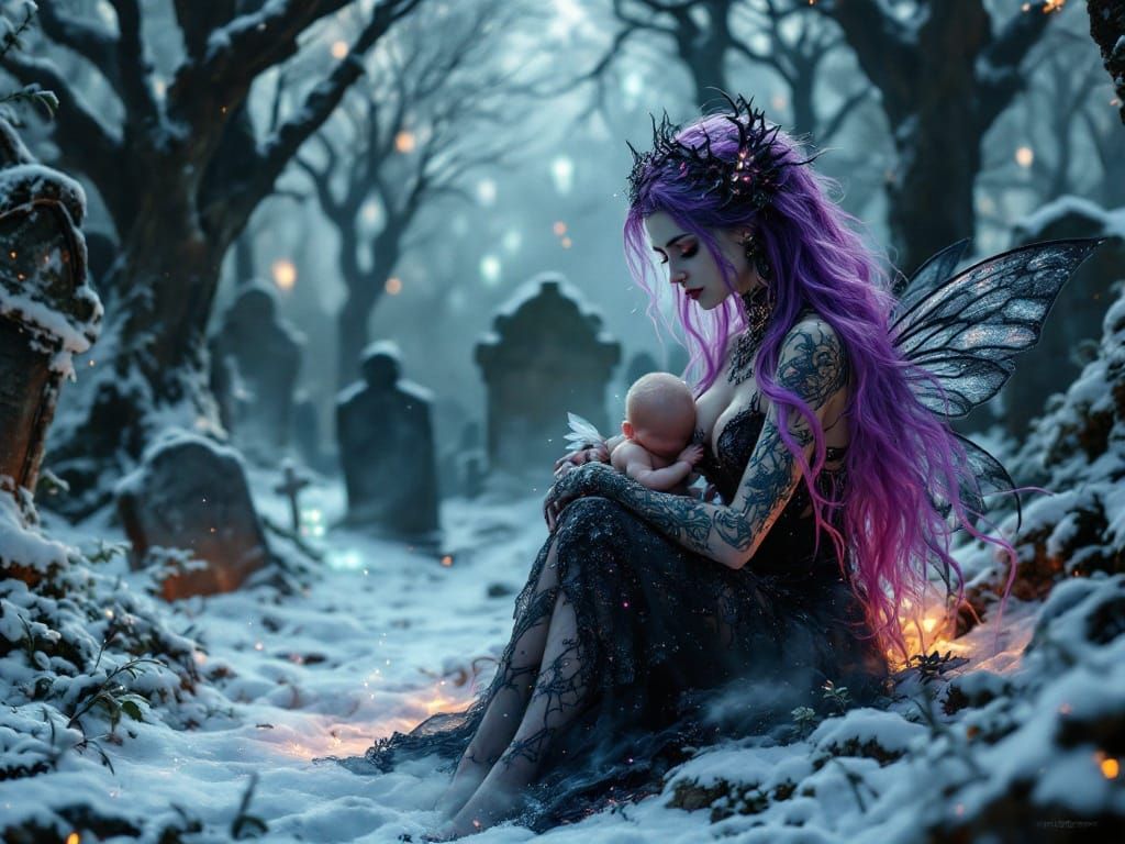 Gothic Fairy Mother in Snowy Graveyard, Fantasy Realism
