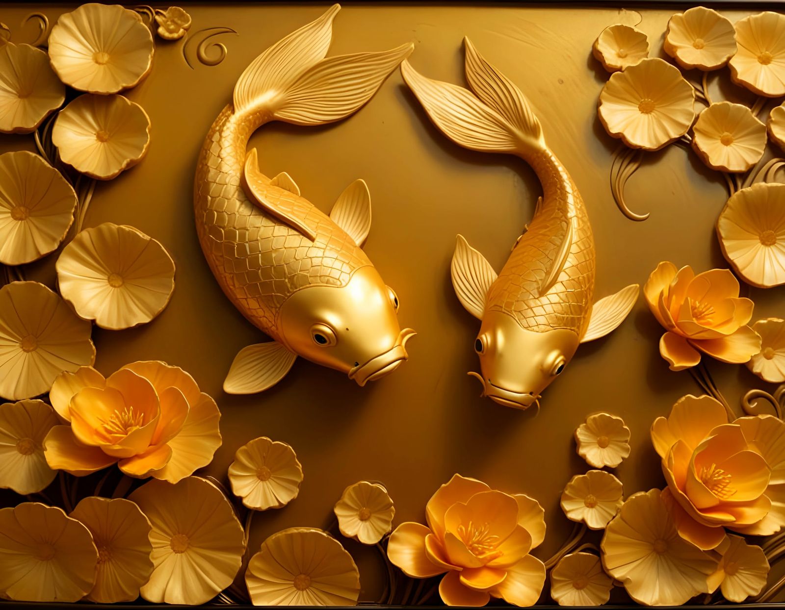 Gold Koi Fish and Lily Pond Bas-Relief Art