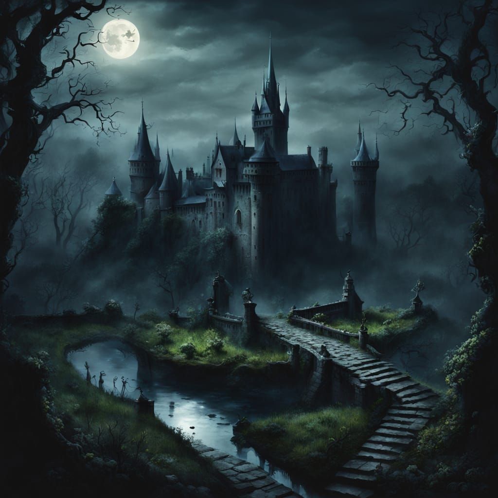 Eerie Gothic Landscape: Dracula's Castle in Oil Painting Sty...