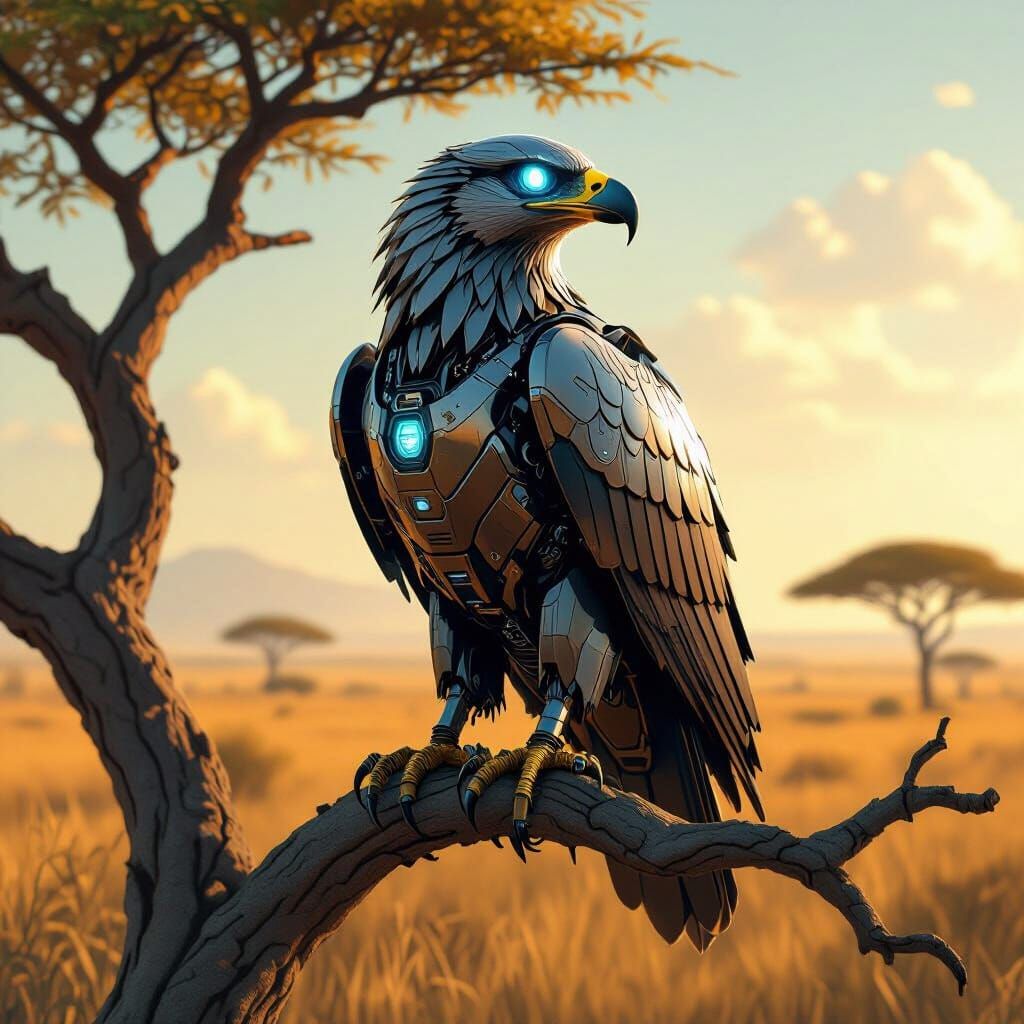 Robotic Eagle in Savannah Landscape: Syd Mead Style