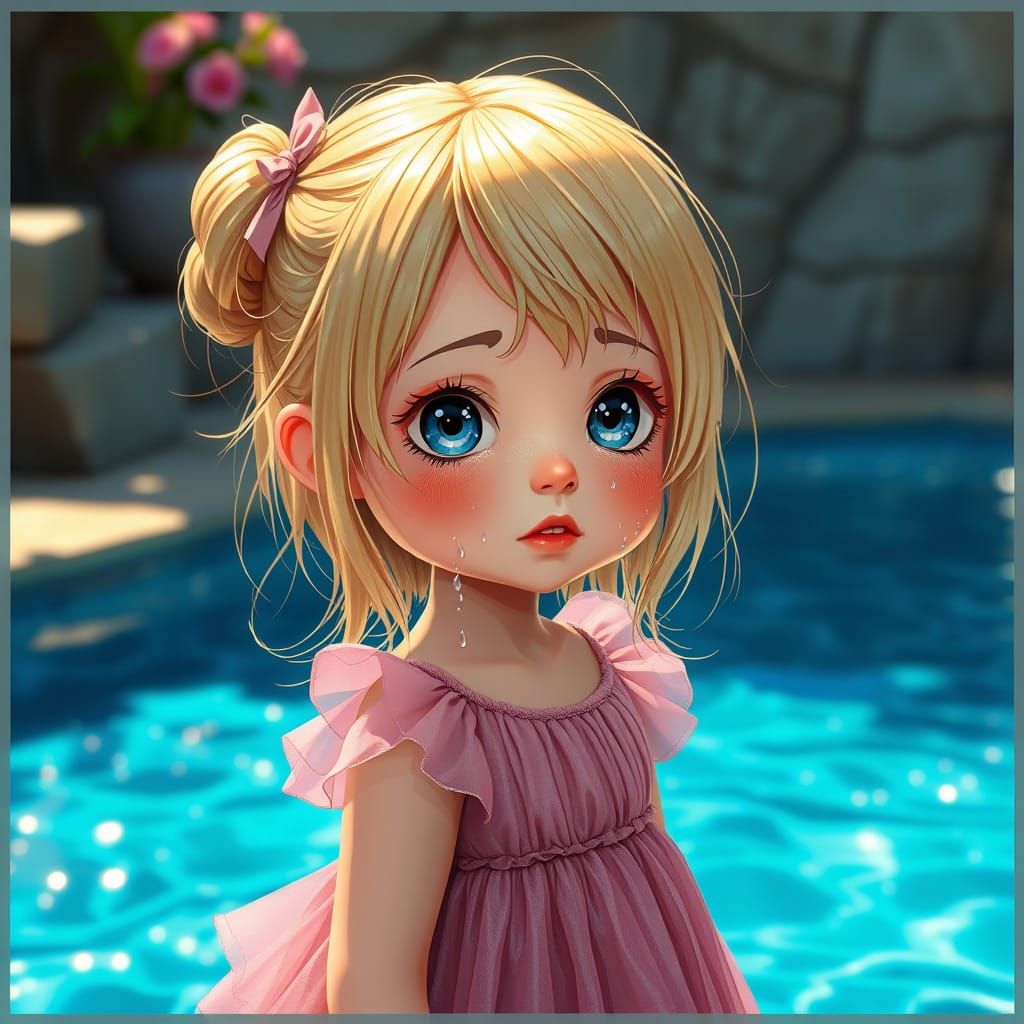 Chibi Girl Cries in Front of a Sparkling Pool