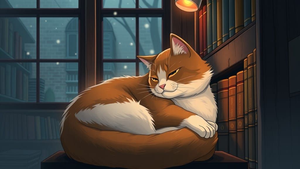 Anime Cat Reads in a Cozy Library Sanctuary