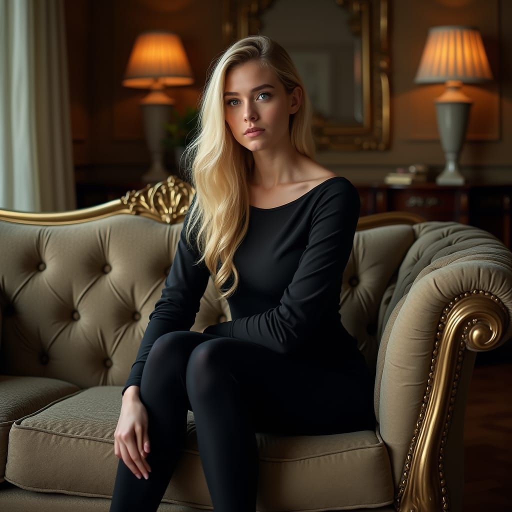 Elegant Woman Poses in Opulent Room in Photo-Realistic Style