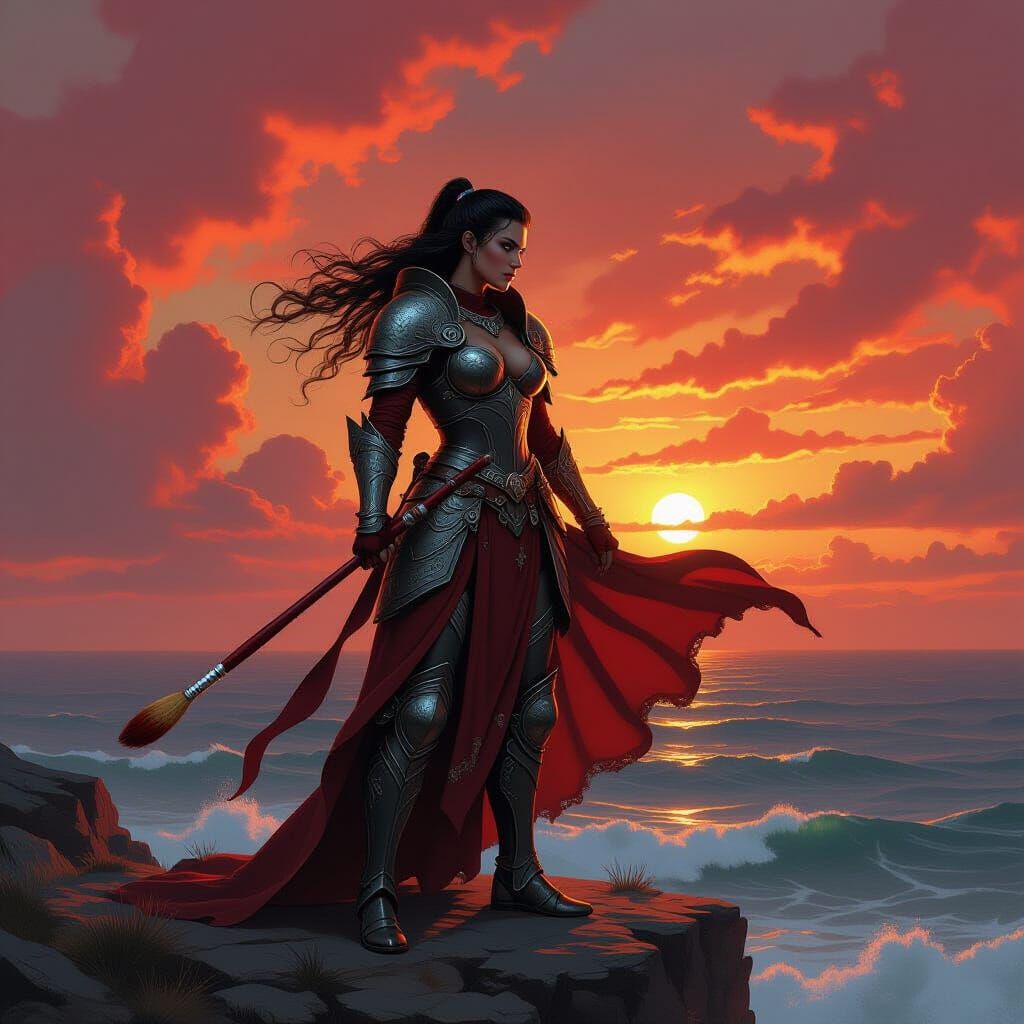 Valkyrie with Paintbrush on Windswept Cliff, Digital Art