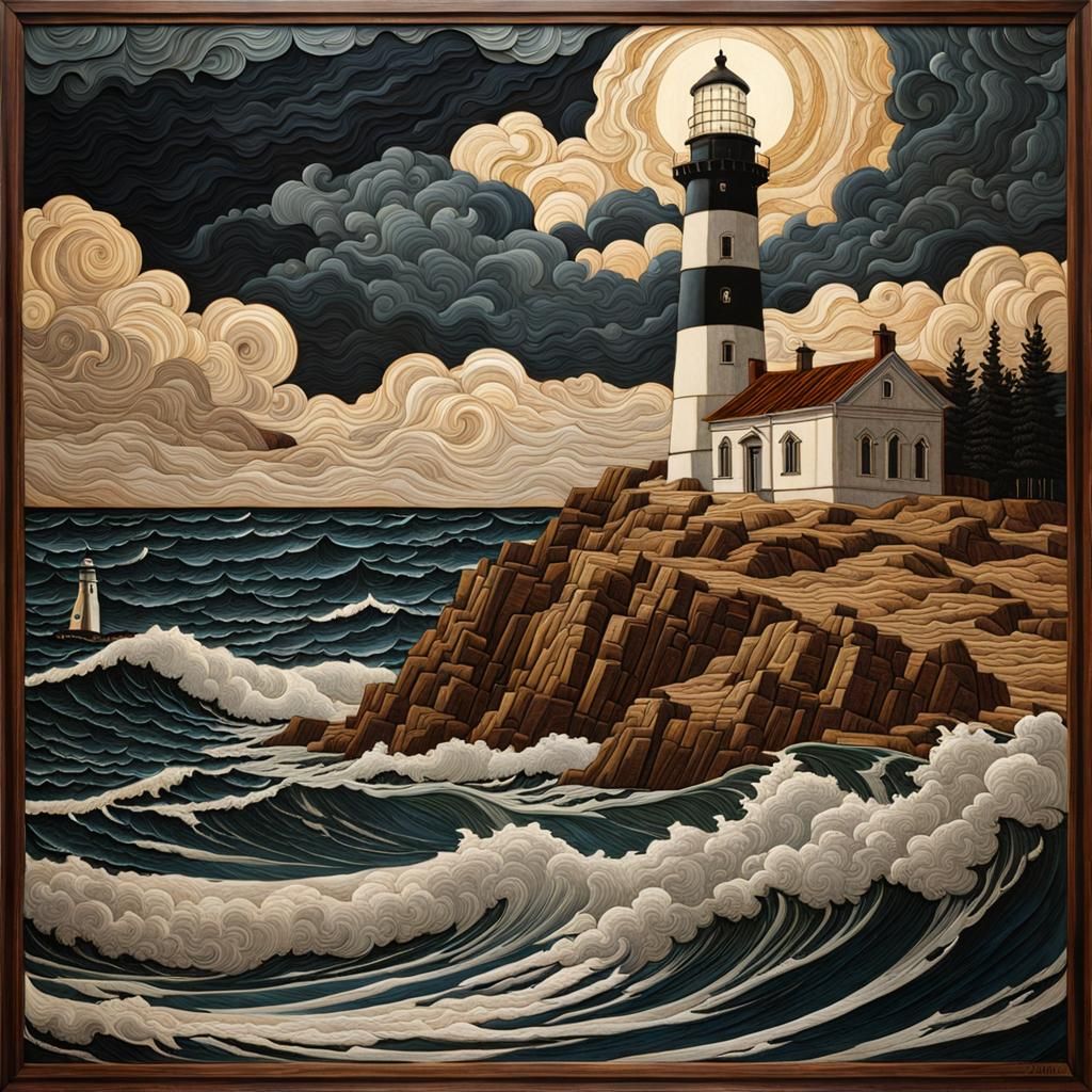 Botticelli-esque Woodcut of Lighthouse in Moonlight