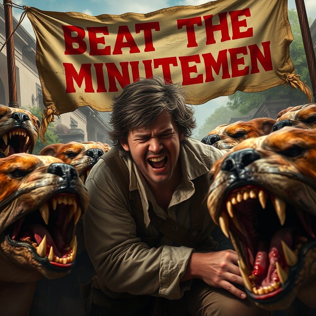 Minuteman Attacked by Bulldogs in Hyperrealistic Style