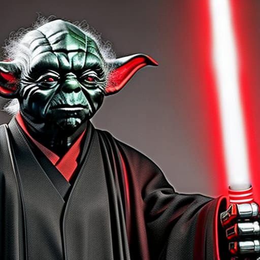 Mechanical Hand Gripping a Red Lightsaber