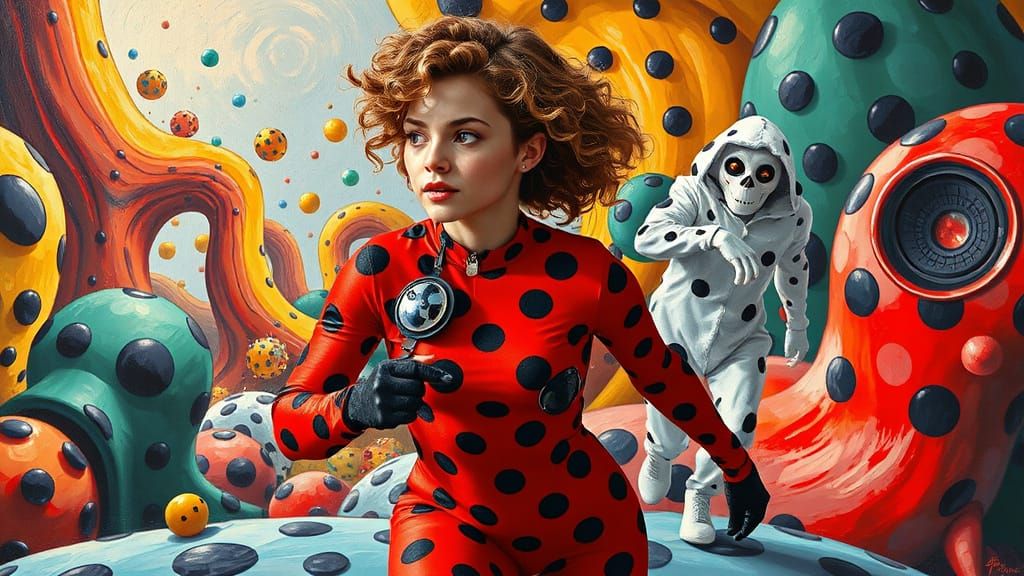 Ladybug Hero Pursues Dalmatian Villain as Dali Oil Painting