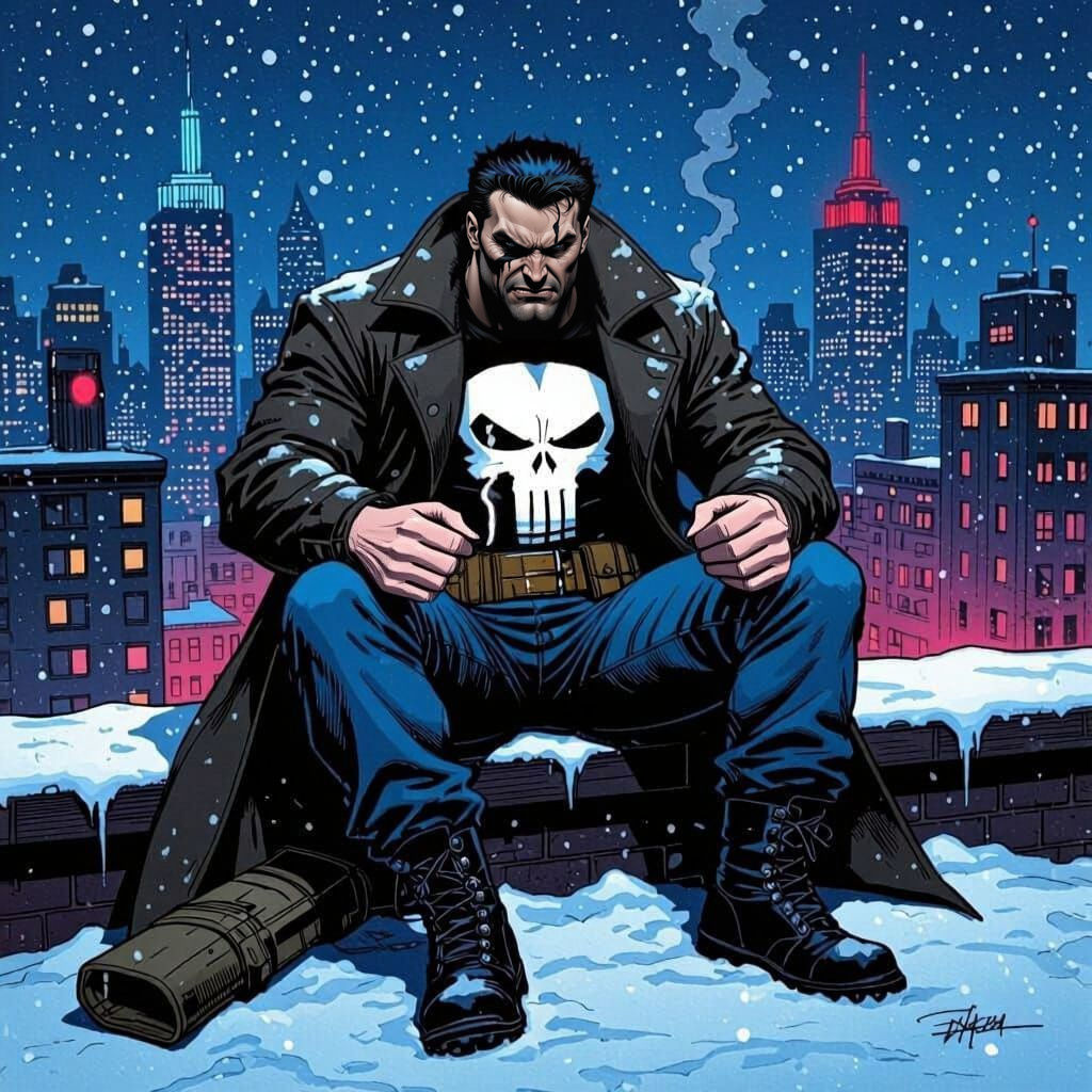 The Punisher on Snowy Rooftop in Classic Comic Style