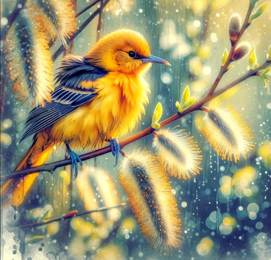 Golden Oriole in Watercolor Spring Garden