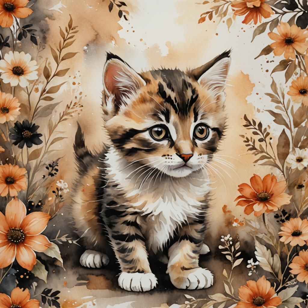 Expressive Kitten in Watercolor Painting with Floral Accents