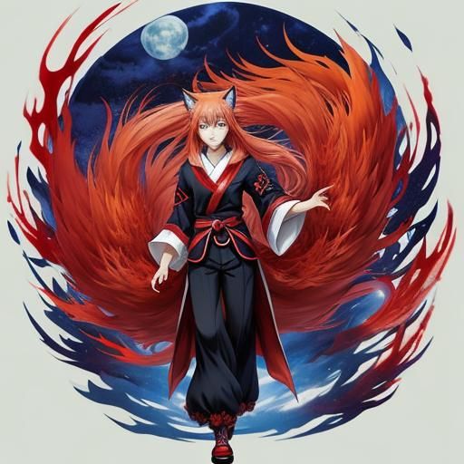 Red Nine-Tailed Fox Spirit in Anime Style