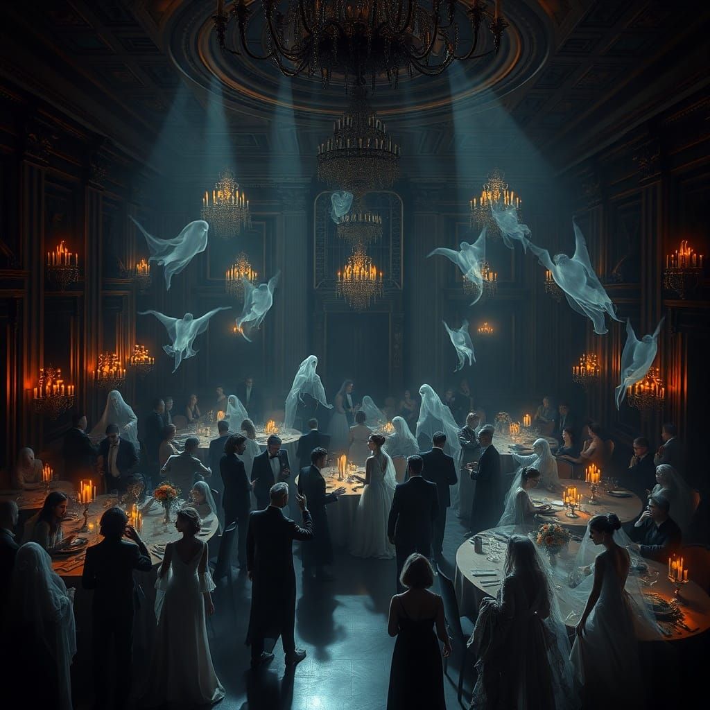 Ghosts Mingle in Dark Fantasy New Year's Eve Ballroom