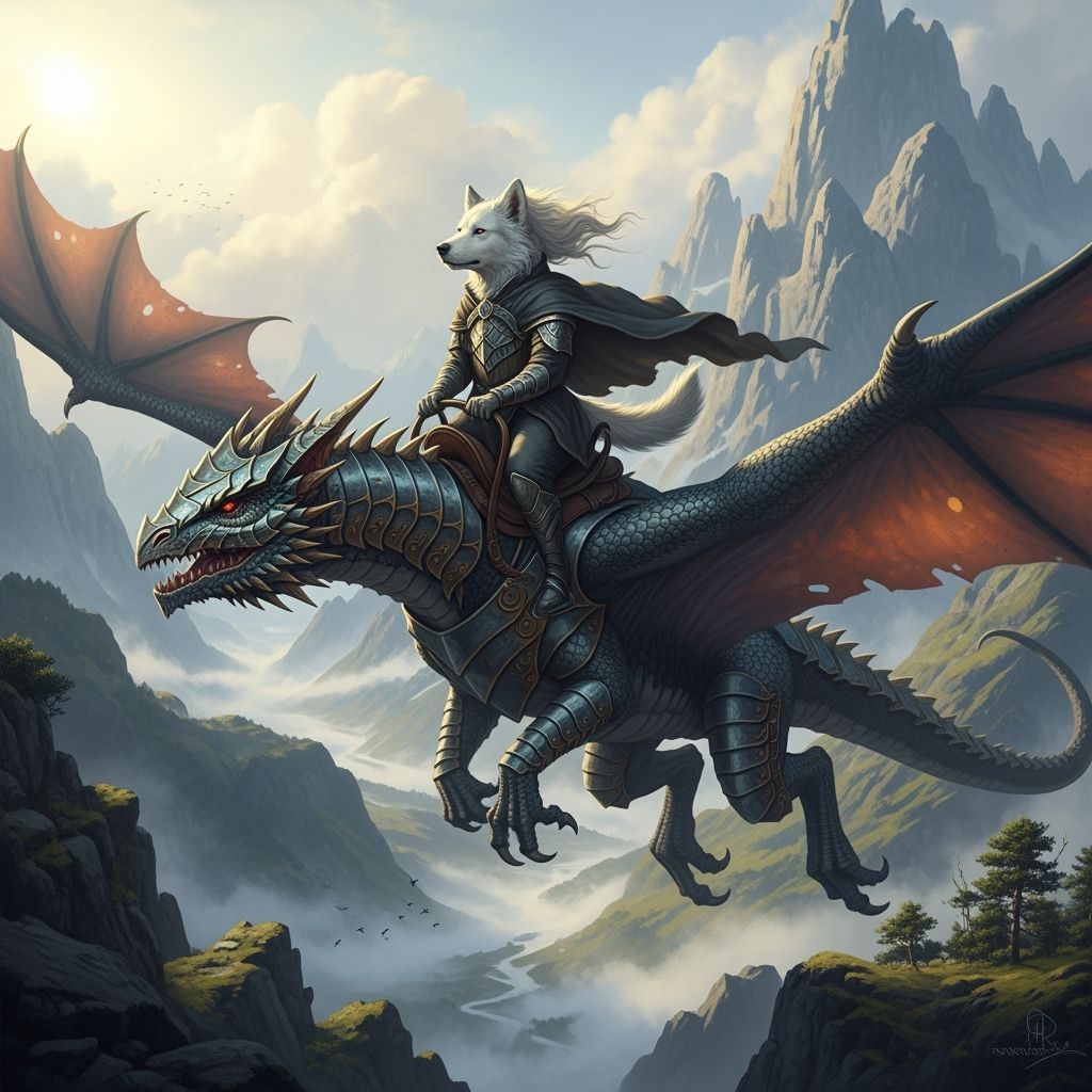 Dog Rides Dragon Through Mountains: Photorealistic Art