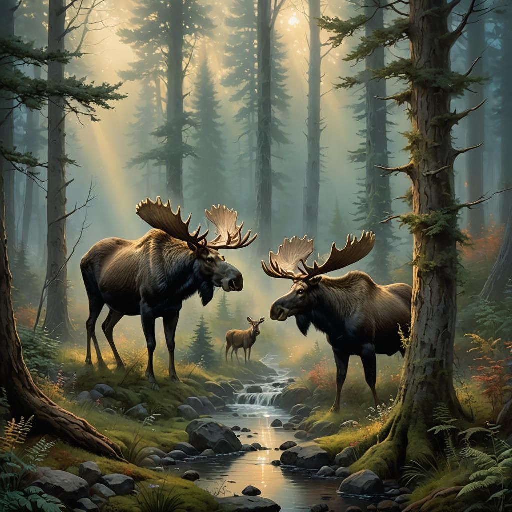 Moose and Badger in Ethereal Forest, Kinkade Style