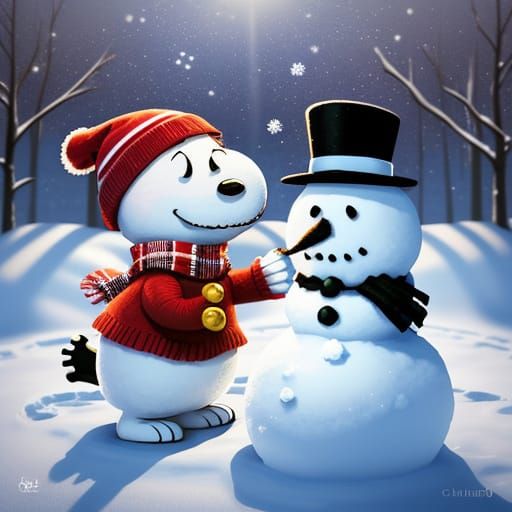 Snoopy Builds a Joyful Winter Snowman in Whimsical Illustrat...