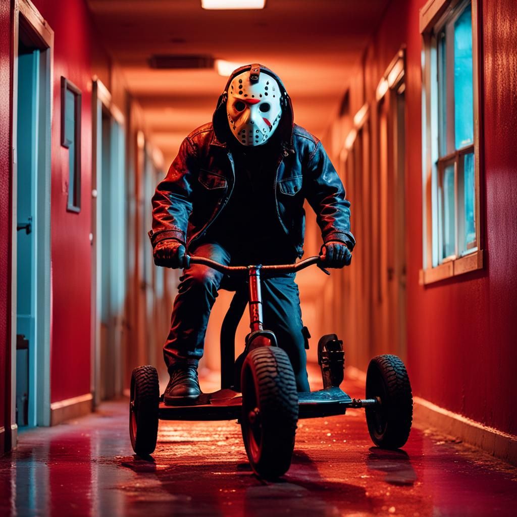 Jason Voorhees Rides Power Wheels Through Burning Horror Hal...