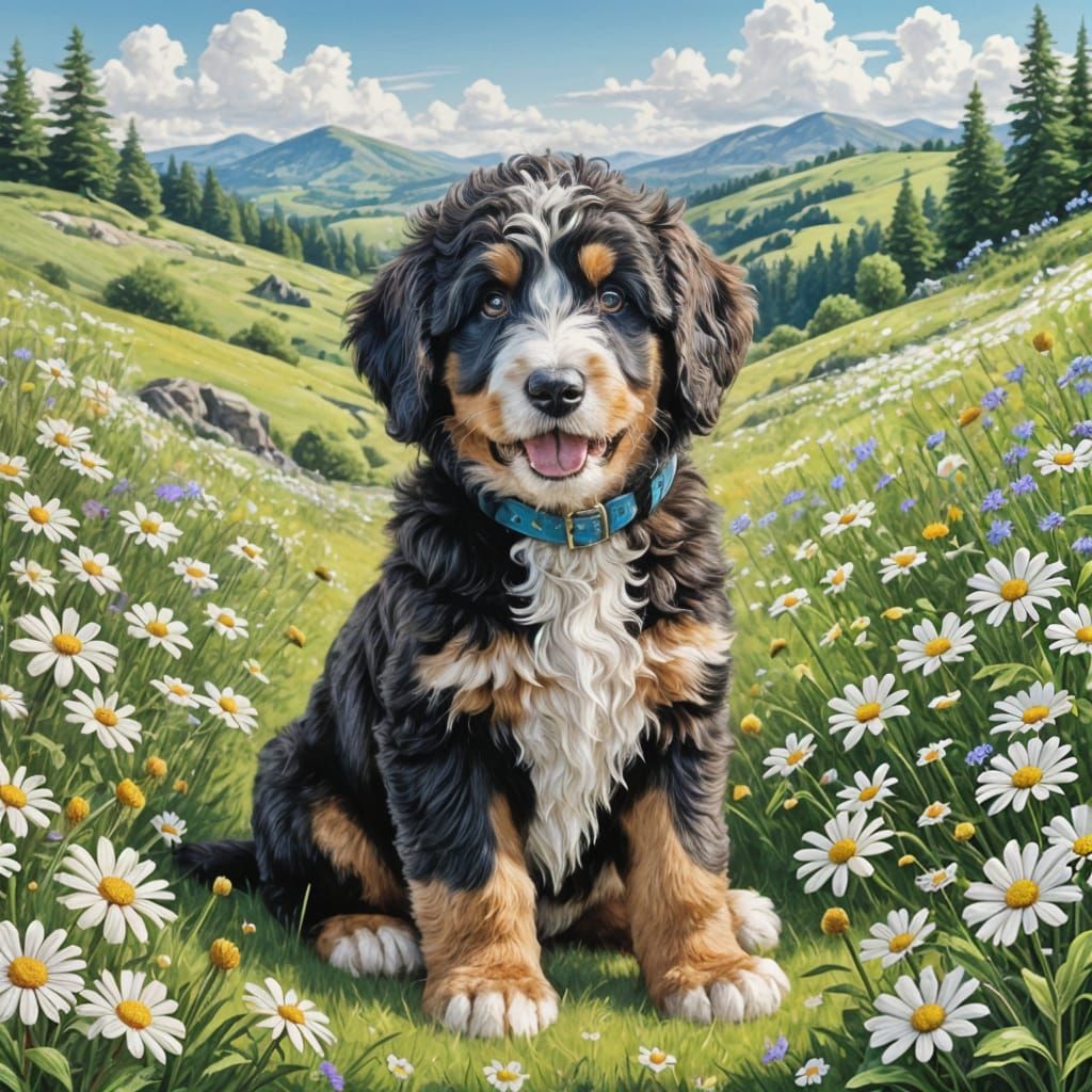 Whimsical Puppy in a Vibrant Meadow