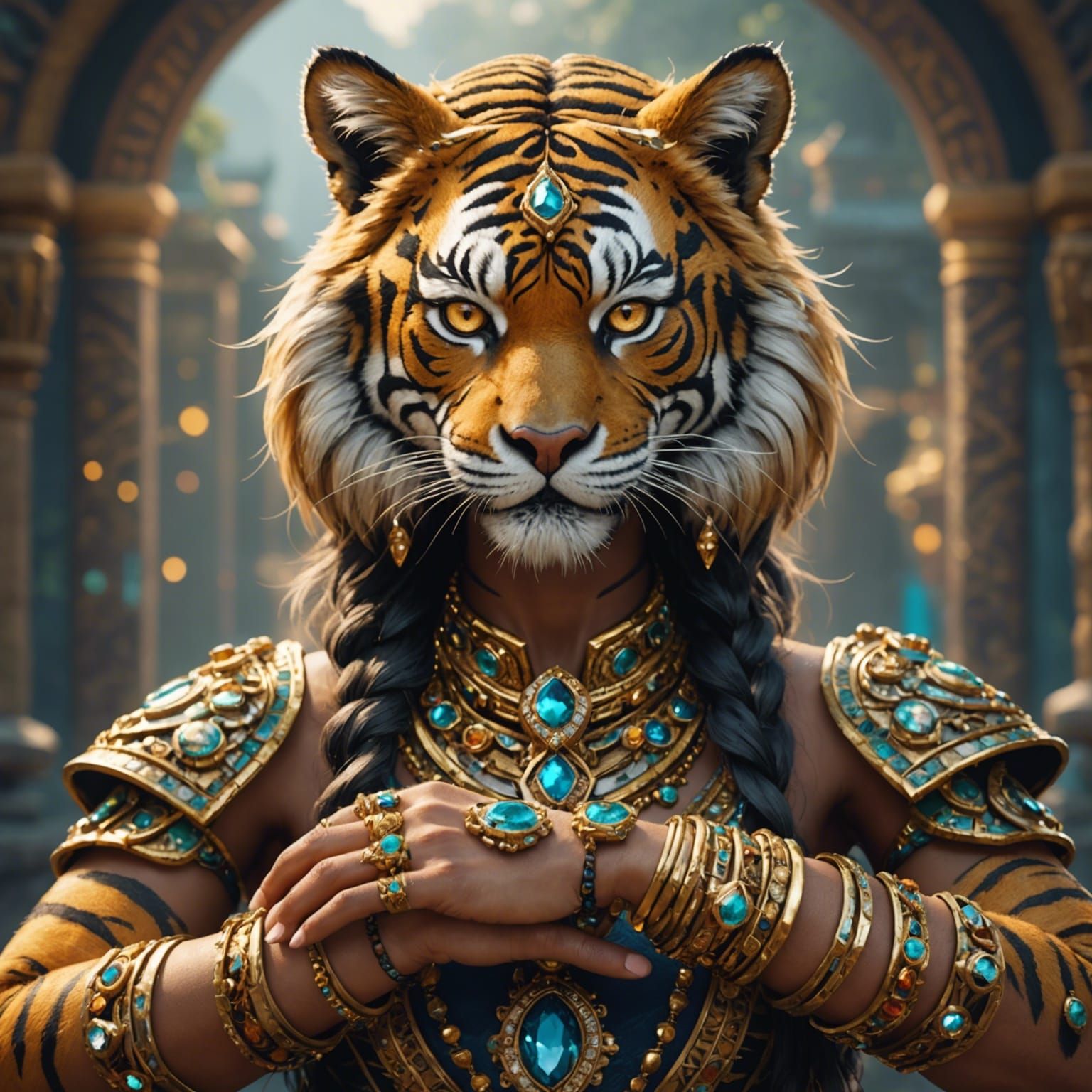 Anthropomorphic Tiger Woman with Golden Bracelets