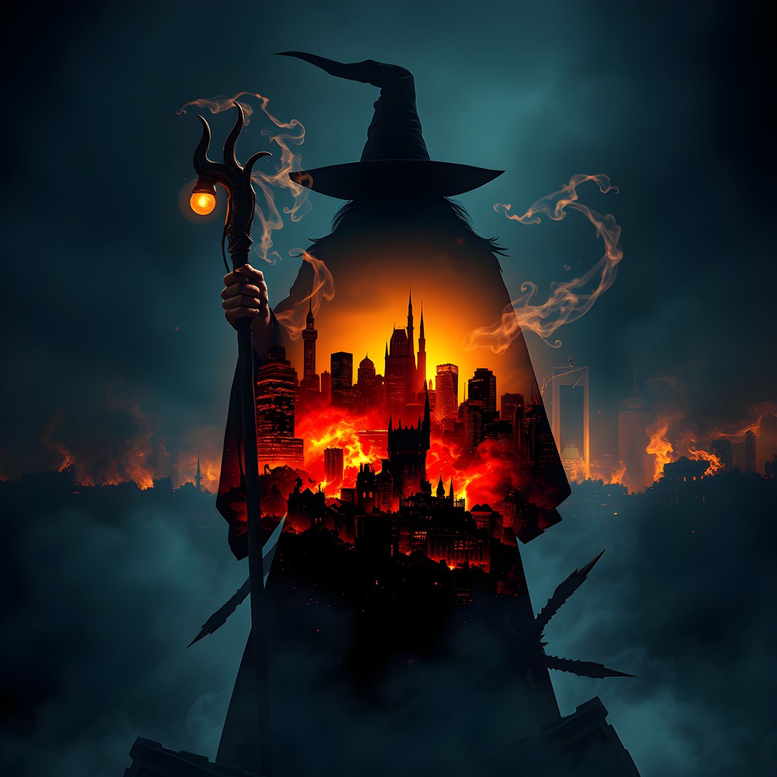 Holographic Wizard Silhouette in Burning City